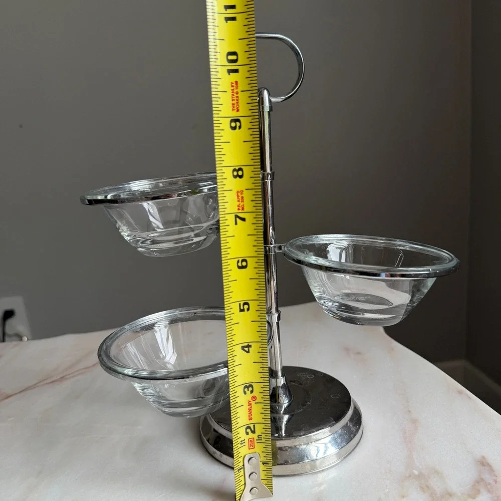 Pottery Barn Chrome 3 Tier Garnish Stand with Duralex France Glass Bowls